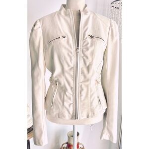 Women's White Vegan Leather Cropped Jacket Front Zip, Fur Lined-Size Medium
